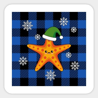 Kawaii Xmas Starfish on Blue Buffalo Pattern Sticker